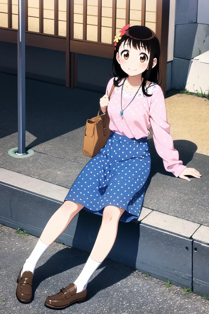 17994-1668031531-Onodera Kosaki, 1girl, skirt, solo, brown eyes, smile, bag, jewelry, necklace, brown hair, socks, hair ornament, blue skirt, bla.png